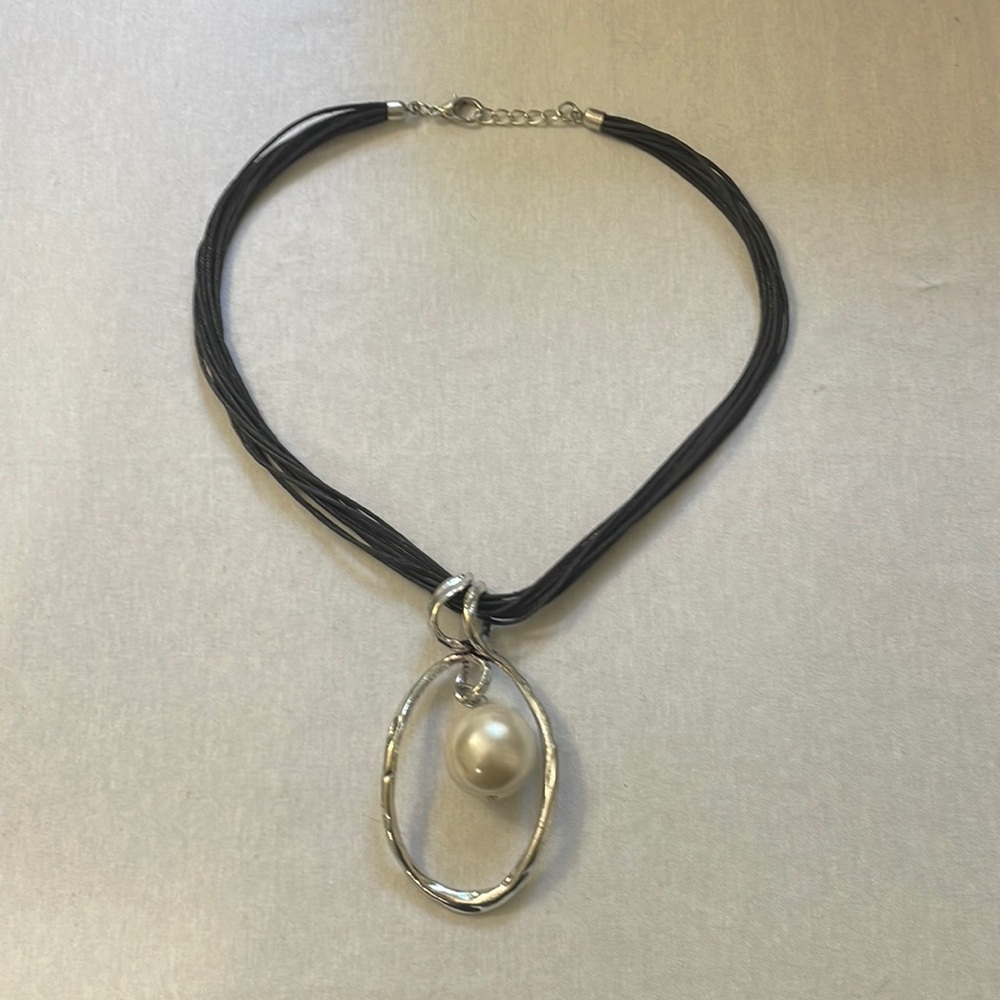 Big Pearl Pendant with silver colored hard wear - black string necklace